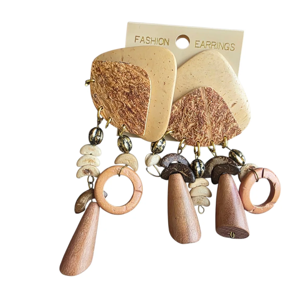Bohemian Wood & Coconut Shell Dangle Earrings
